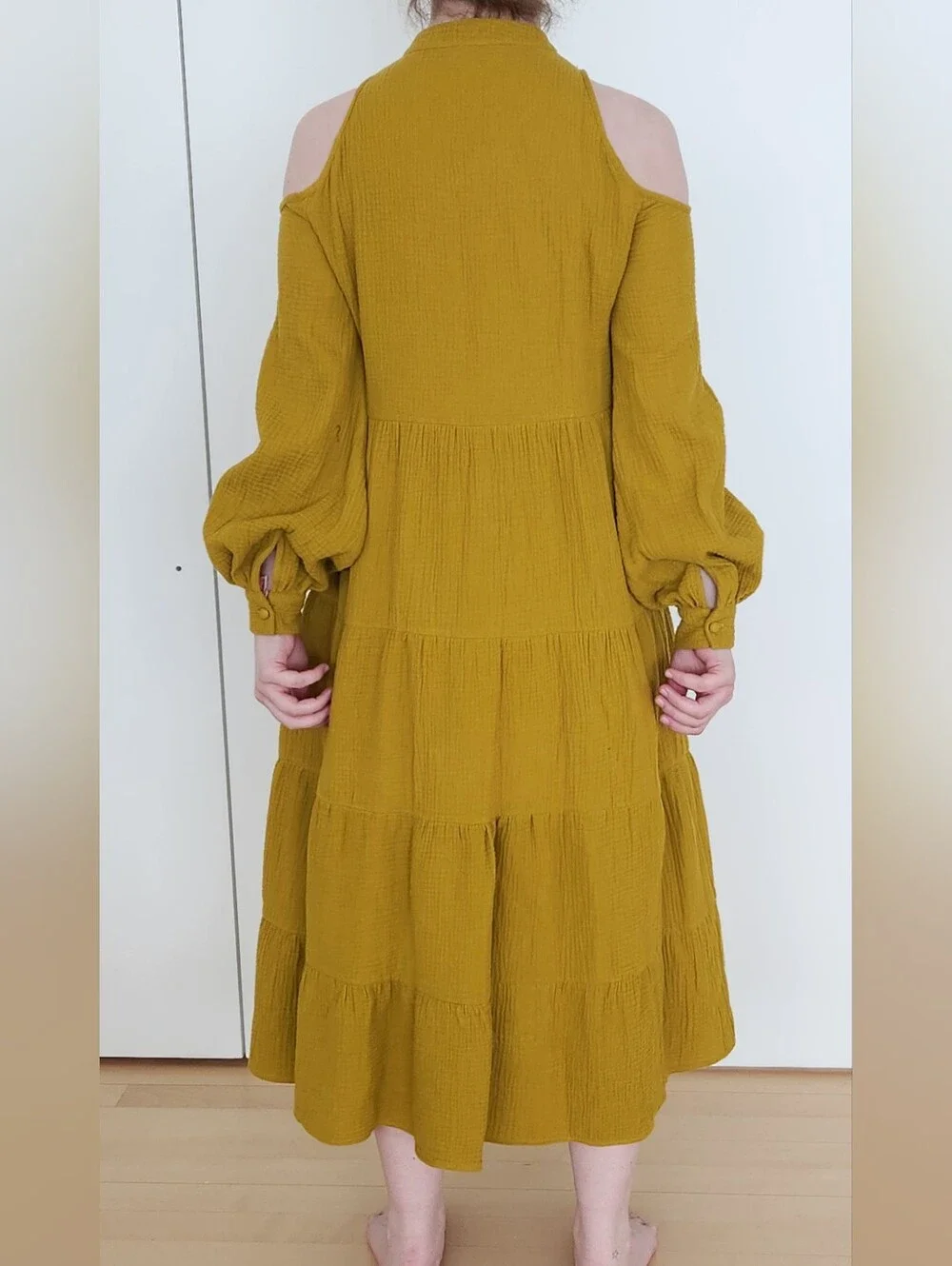 Tiered Button-Front Midi Dress in Mustard